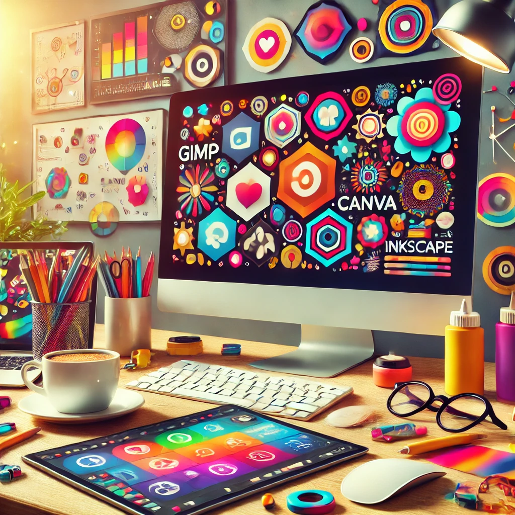 AI billede der viser en computer med massere af CMYK farver i forskellige former